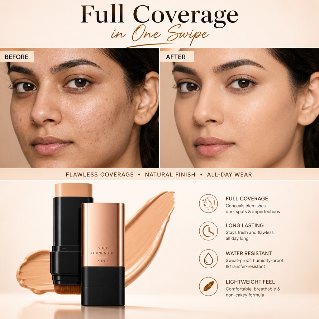 Korean 2-in-1 Glass Skin Foundation Stick with Built-In Brush