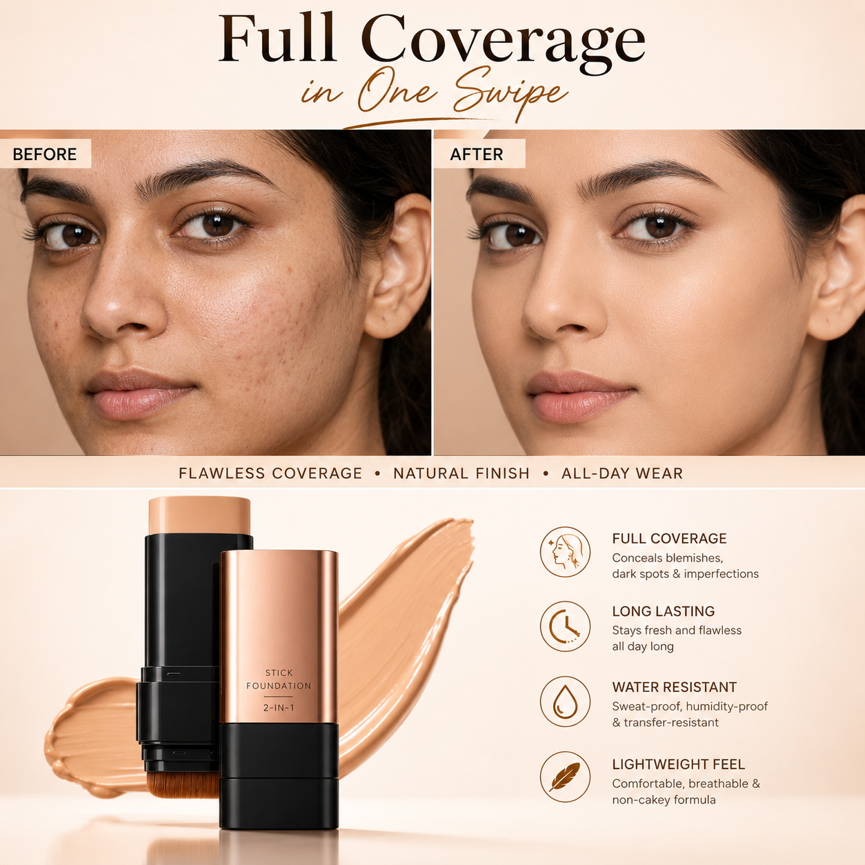 Korean 2-in-1 Glass Skin Foundation Stick with Built-In Brush