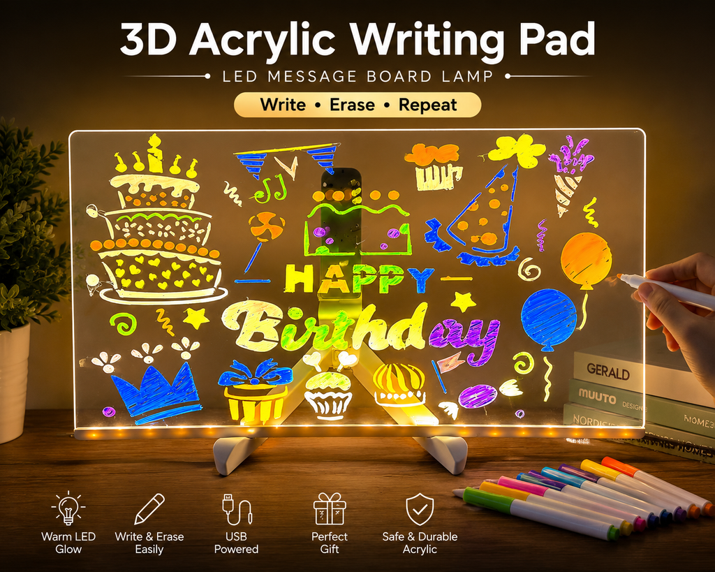 BELORA™ GlowBoard Pro | 3D LED Acrylic Writing Pad with USB Light & Rewritable Message Board