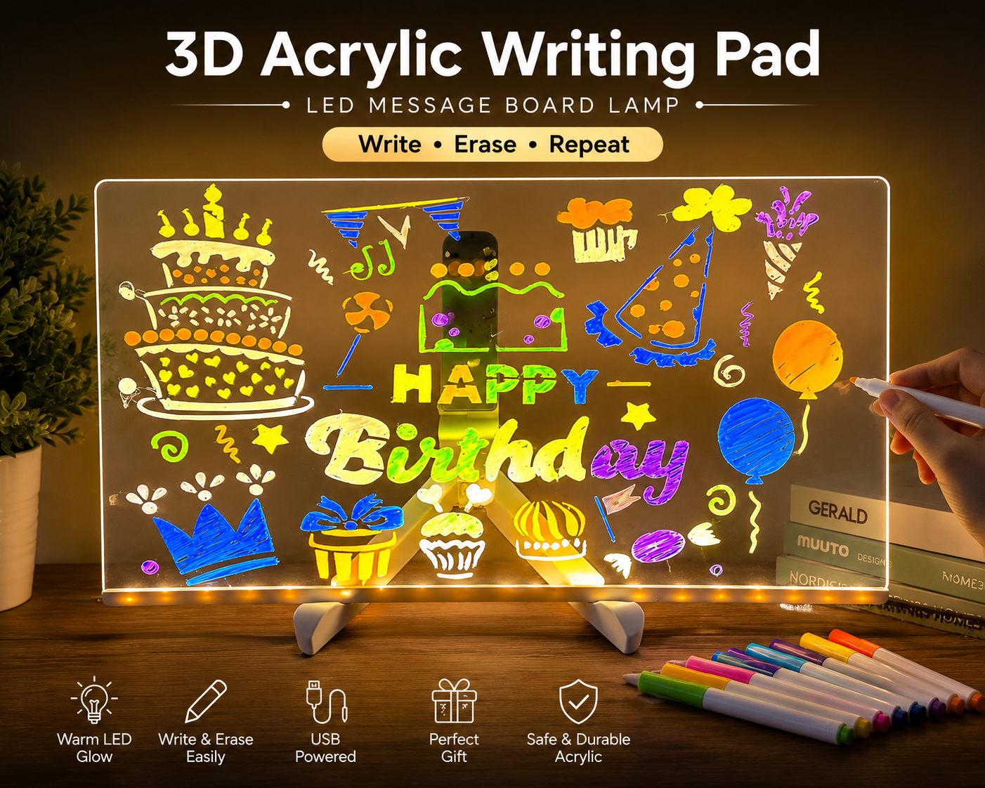 BELORA™ GlowBoard Pro | 3D LED Acrylic Writing Pad with USB Light & Rewritable Message Board