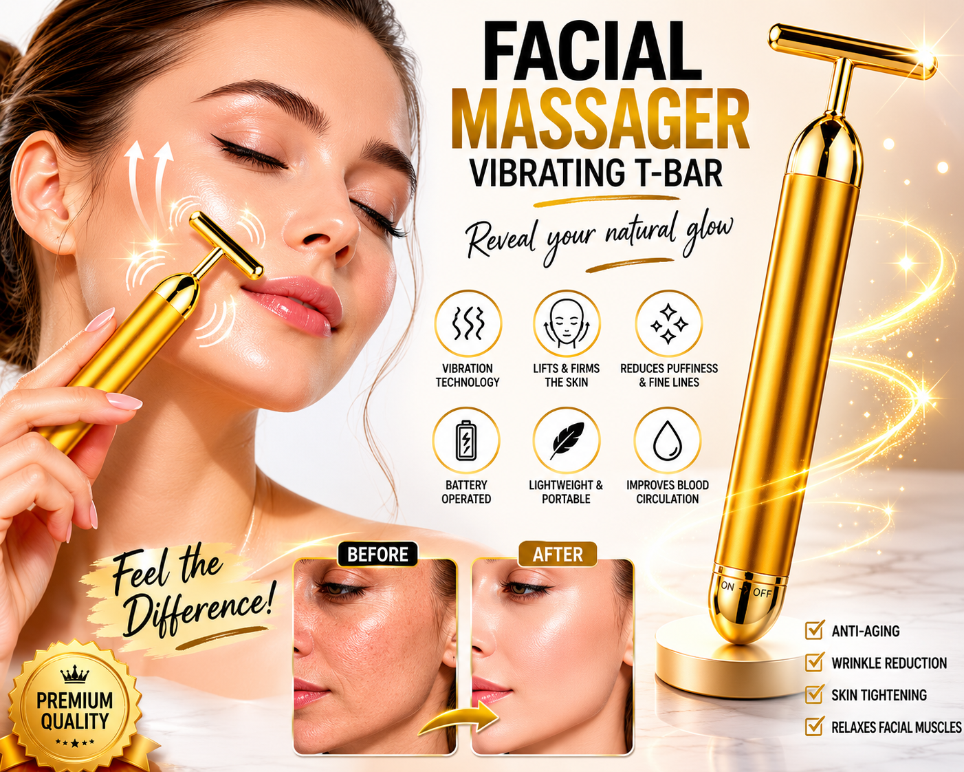 24K Gold Energy Beauty Bar™ – Electric Facial Massage Roller for Face, Neck & Head