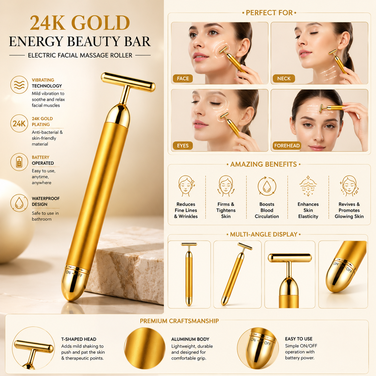 24K Gold Energy Beauty Bar™ – Electric Facial Massage Roller for Face, Neck & Head