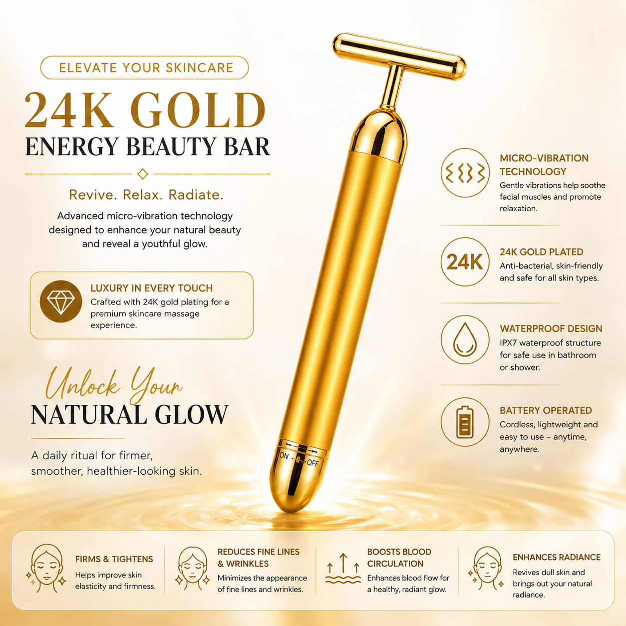 24K Gold Energy Beauty Bar™ – Electric Facial Massage Roller for Face, Neck & Head