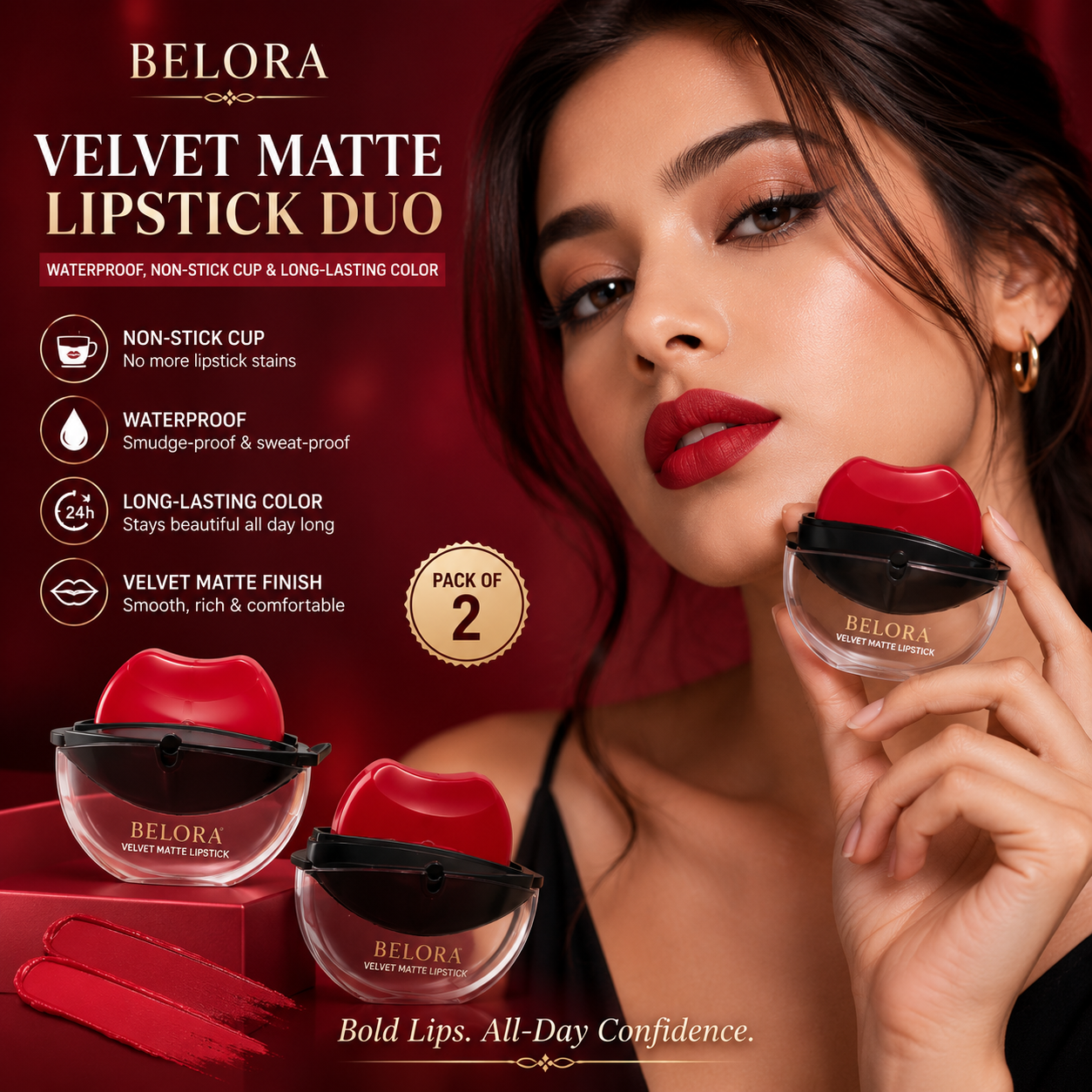 BELORA Velvet Matte Lipstick Duo – Waterproof, Non-Stick Cup & Long-Lasting Color (Pack of 2)
