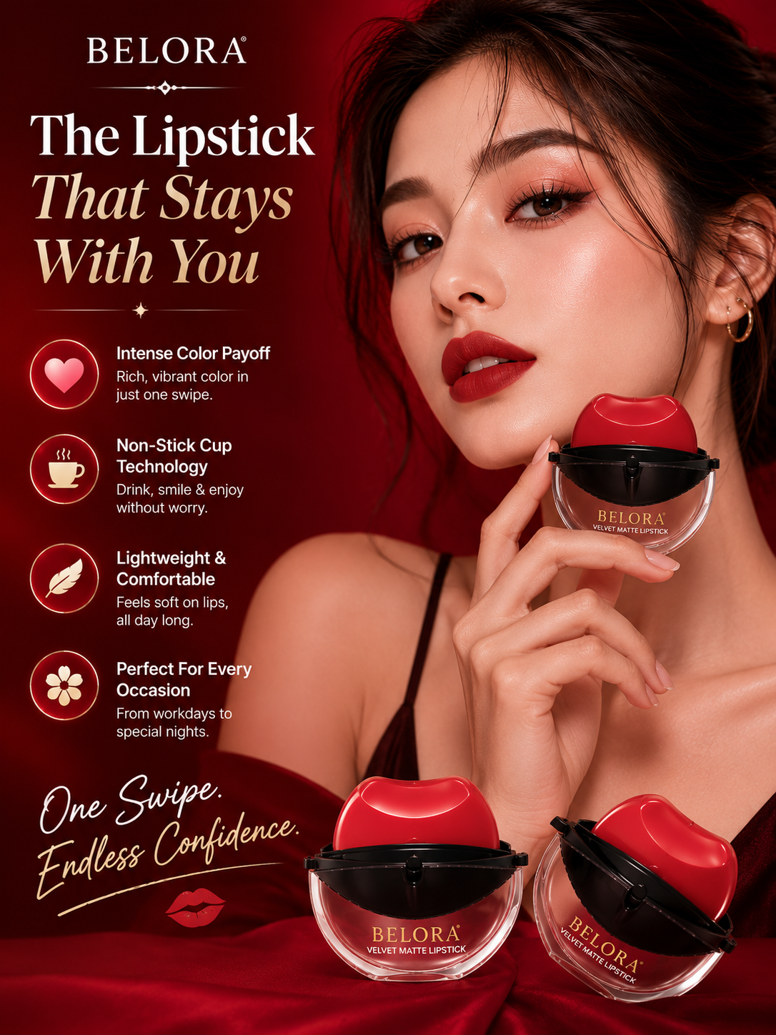 BELORA Velvet Matte Lipstick Duo – Waterproof, Non-Stick Cup & Long-Lasting Color (Pack of 2)