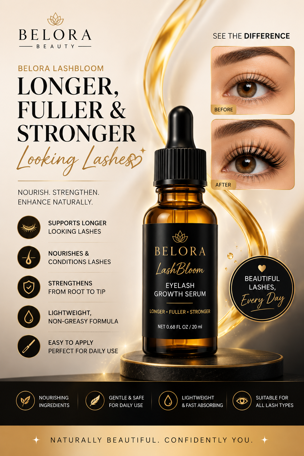 BELORA LashBloom Eyelash Growth Serum – Longer, Fuller & Stronger Looking Lashes