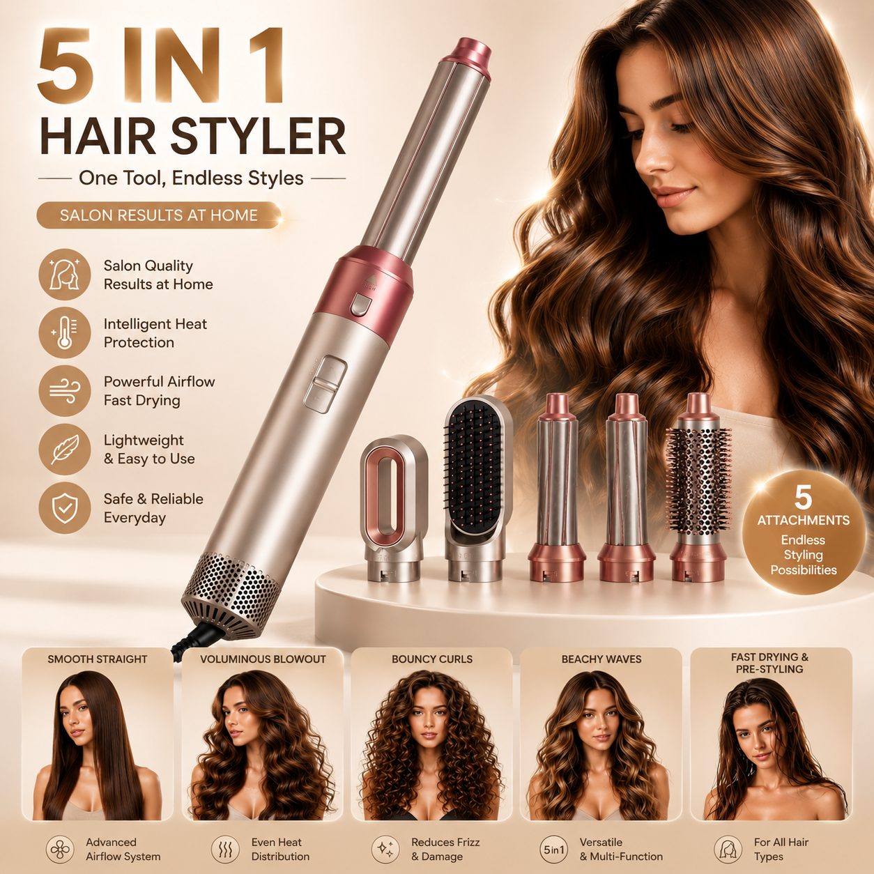 stylePro™ 5‑in‑1 Multi‑Functional Hair Styling Tool – Detachable Hot Air Brush & Dryer