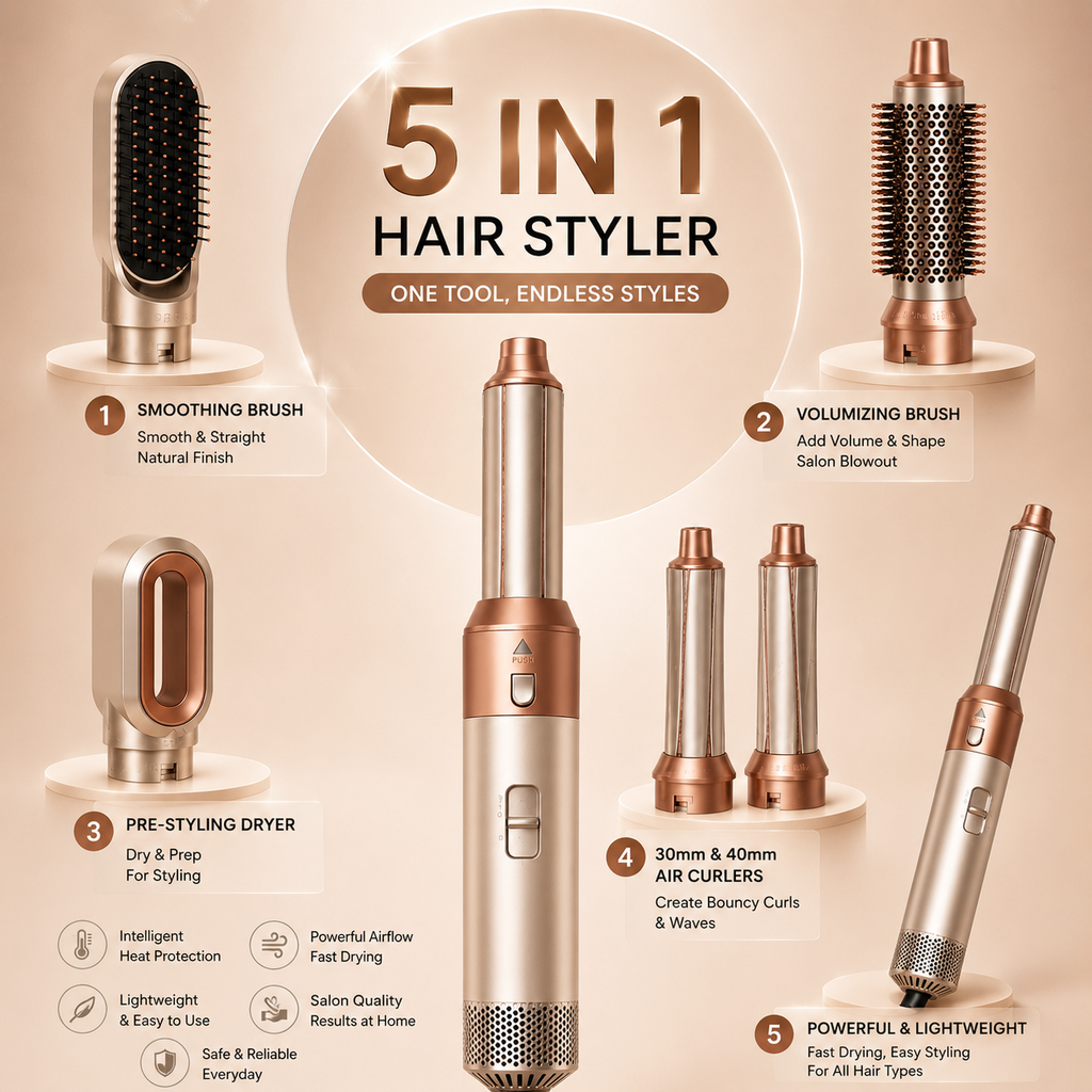 stylePro™ 5‑in‑1 Multi‑Functional Hair Styling Tool – Detachable Hot Air Brush & Dryer