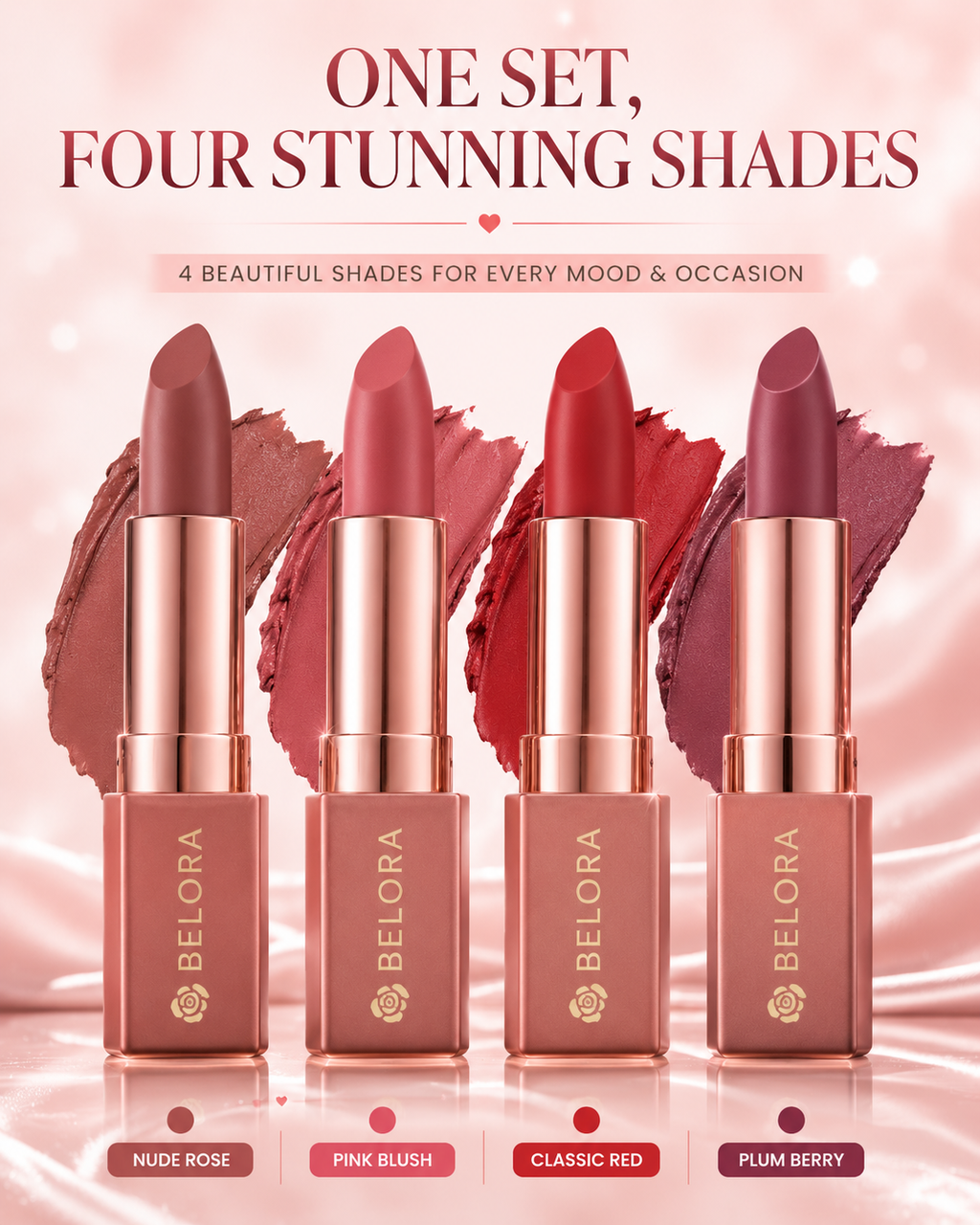 BELORA Velvet Matte Lipstick Collection – Long Lasting Waterproof Lip Colors (Pack of 4)