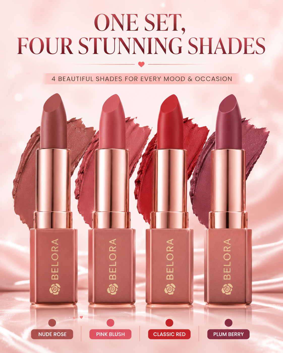 BELORA Velvet Matte Lipstick Collection – Long Lasting Waterproof Lip Colors (Pack of 4)