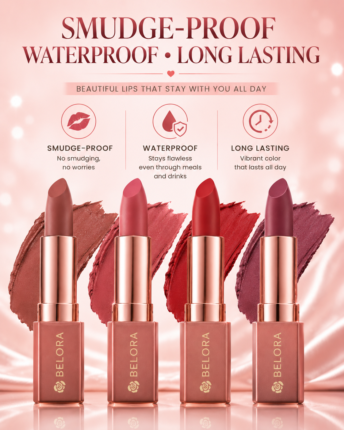 BELORA Velvet Matte Lipstick Collection – Long Lasting Waterproof Lip Colors (Pack of 4)