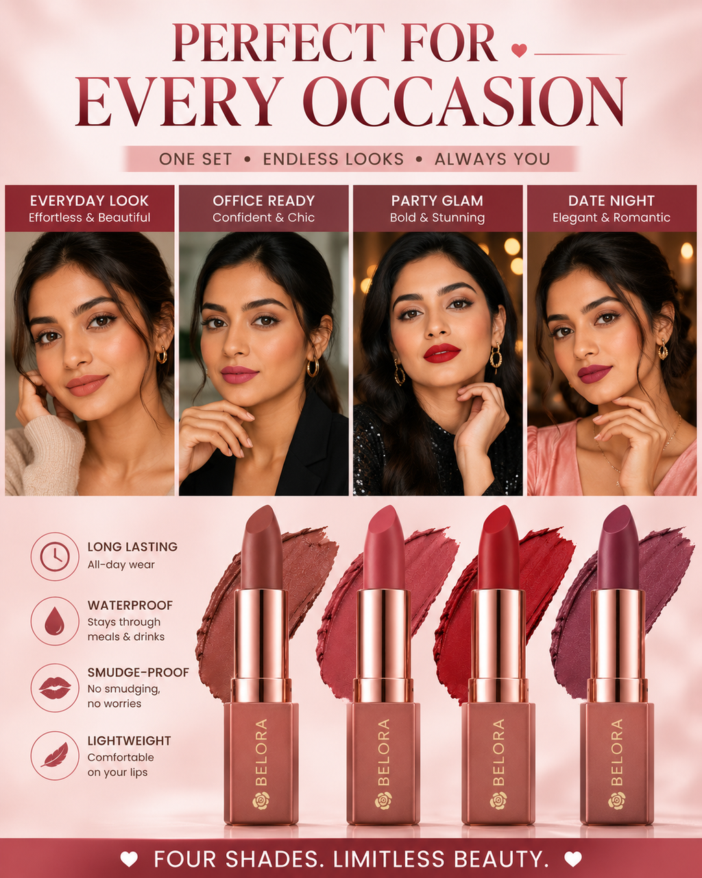 BELORA Velvet Matte Lipstick Collection – Long Lasting Waterproof Lip Colors (Pack of 4)