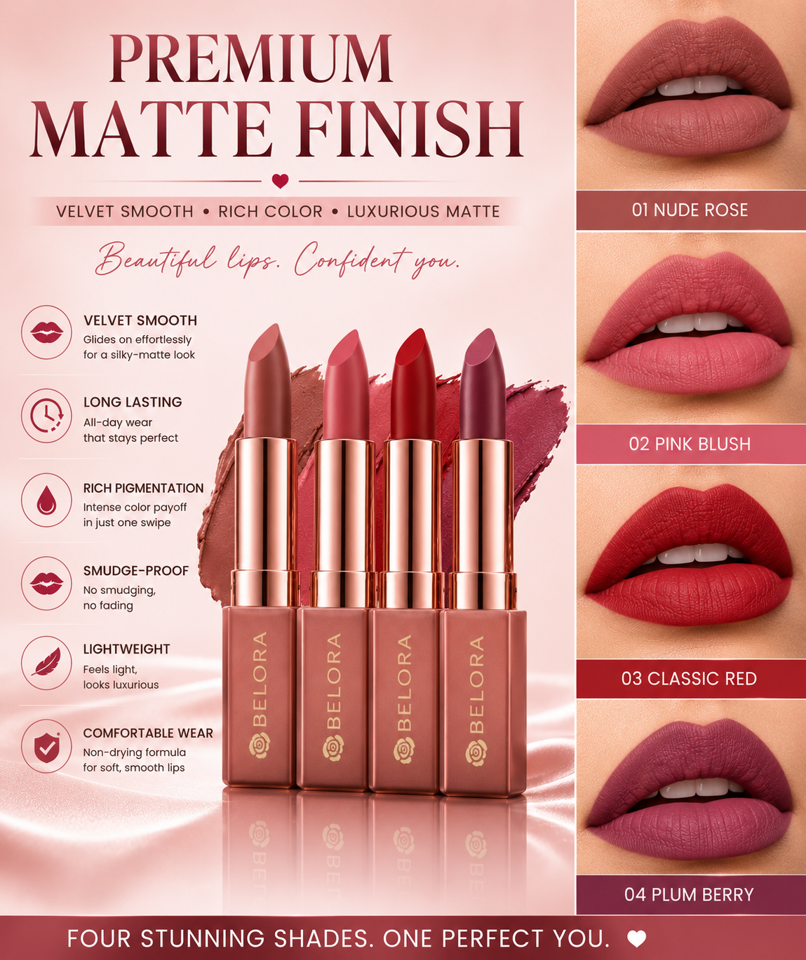 BELORA Velvet Matte Lipstick Collection – Long Lasting Waterproof Lip Colors (Pack of 4)