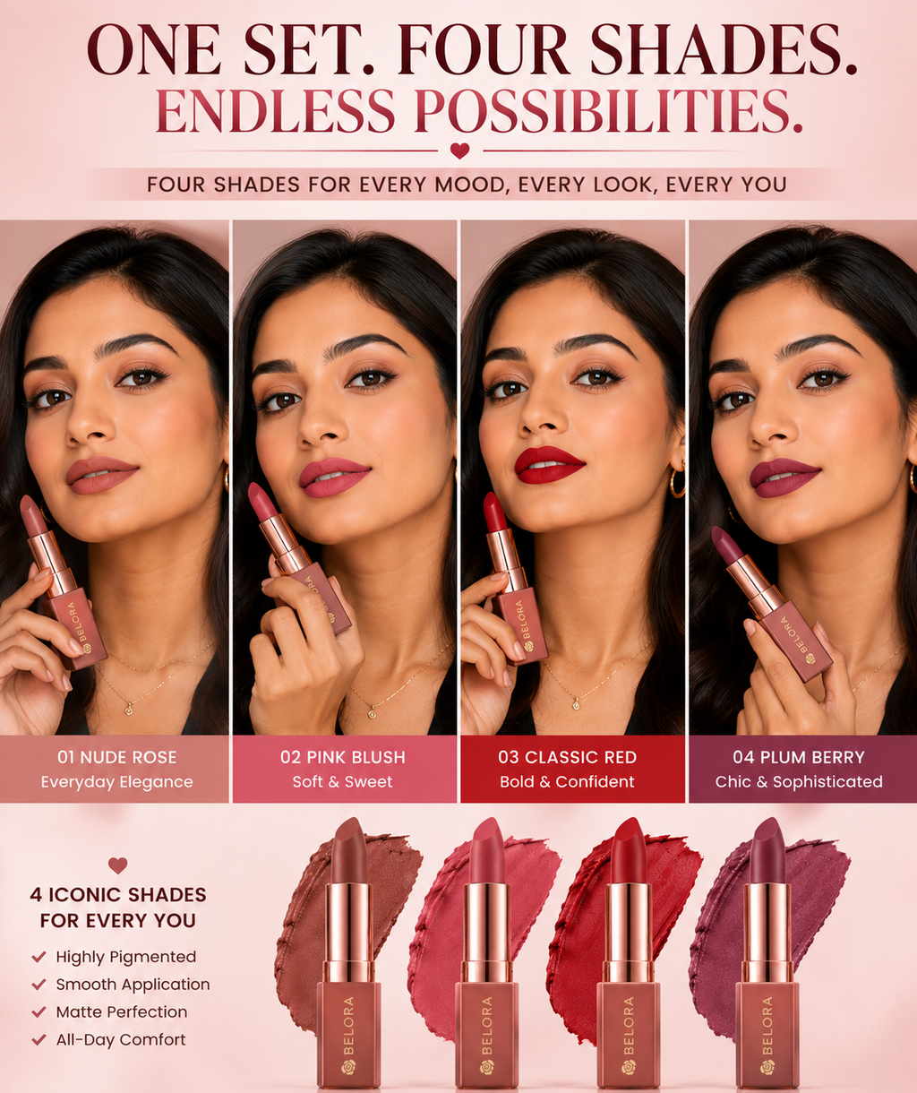 BELORA Velvet Matte Lipstick Collection – Long Lasting Waterproof Lip Colors (Pack of 4)