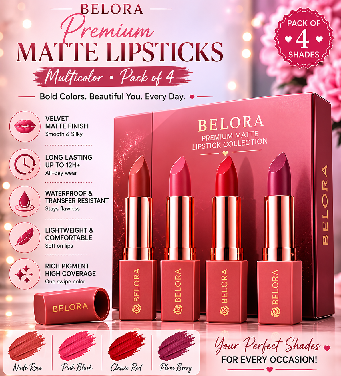 BELORA Velvet Matte Lipstick Collection – Long Lasting Waterproof Lip Colors (Pack of 4)