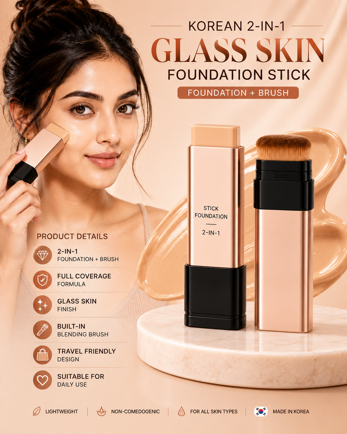 Korean 2-in-1 Glass Skin Foundation Stick with Built-In Brush