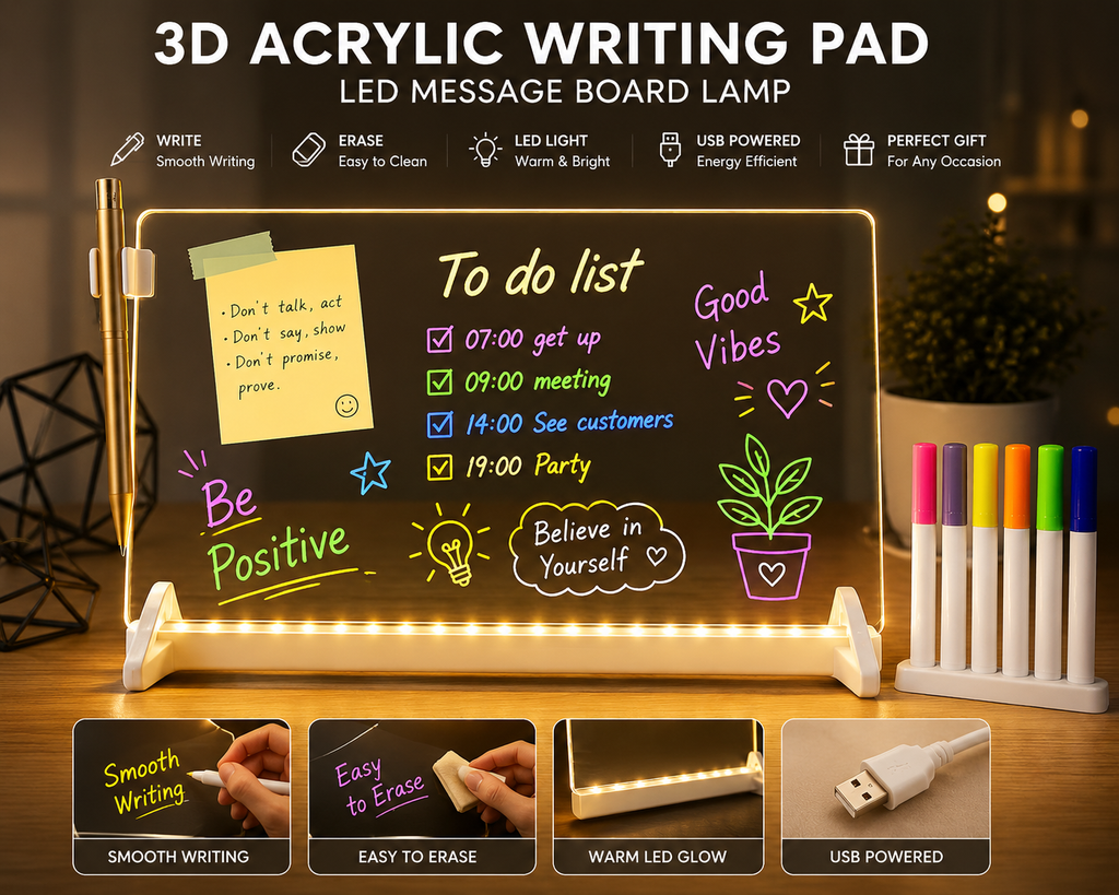 BELORA™ GlowBoard Pro | 3D LED Acrylic Writing Pad with USB Light & Rewritable Message Board