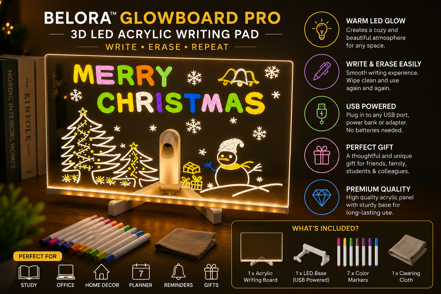 BELORA™ GlowBoard Pro | 3D LED Acrylic Writing Pad with USB Light & Rewritable Message Board